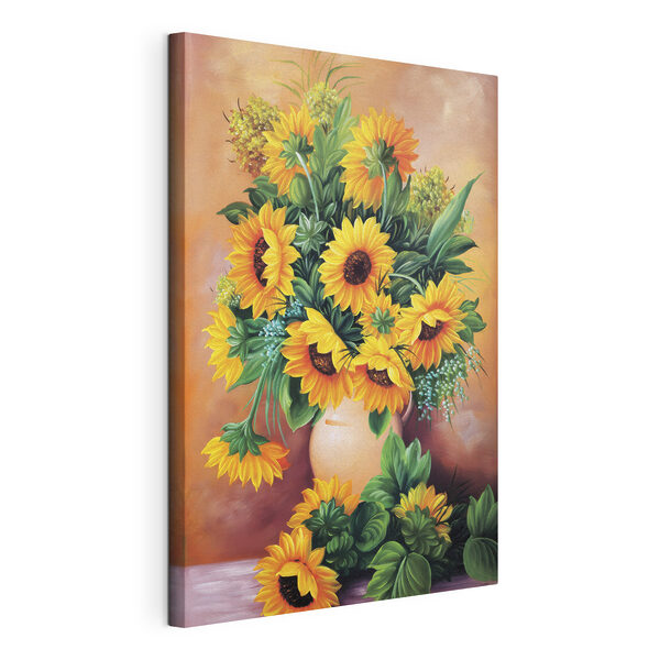 Een schilderij van zonnebloemen in een vaas Canvas Schilderijen Een schilderij van zonnebloemen in een vaas
