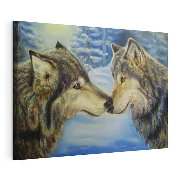 Canvas Schilderijen Een schilderij van twee kussende wolven