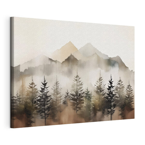 Een mistige bergketen met bomen Canvas Schilderijen Een mistige bergketen met bomen
