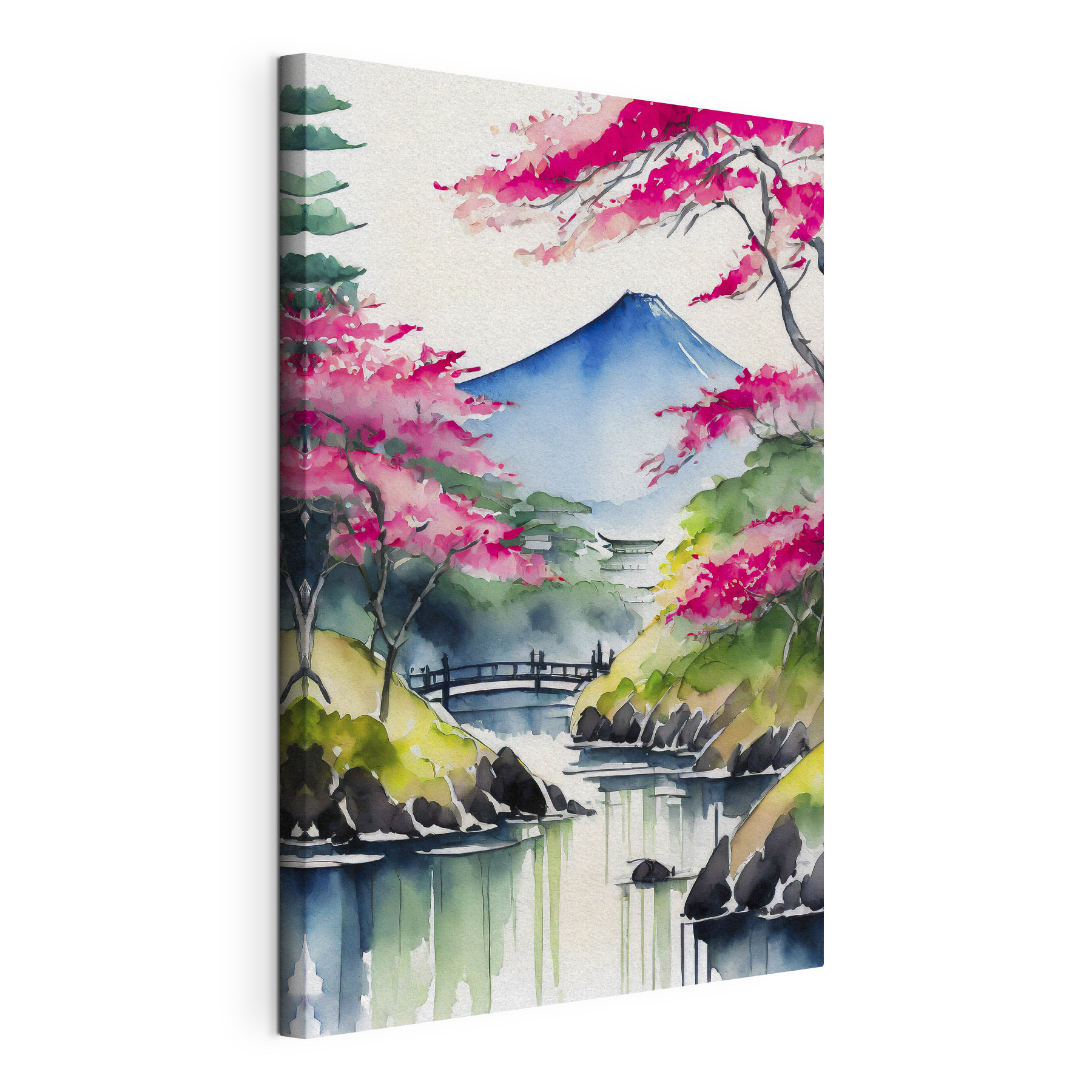 Watercolor painting of a mountain and trees with pink flowers