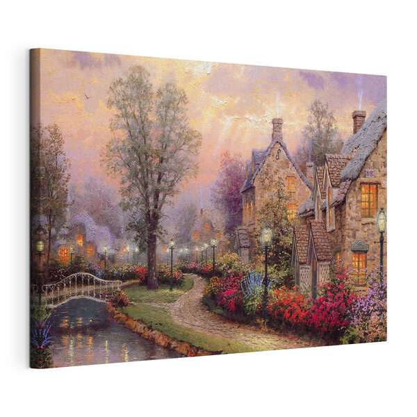 Schilderij van een huis met bloemen en een pad Canvas Schilderijen Schilderij van een huis met bloemen en een pad