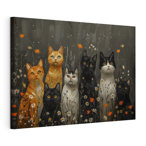 Canvas Schilderijen Groep katten in een bloemenveld