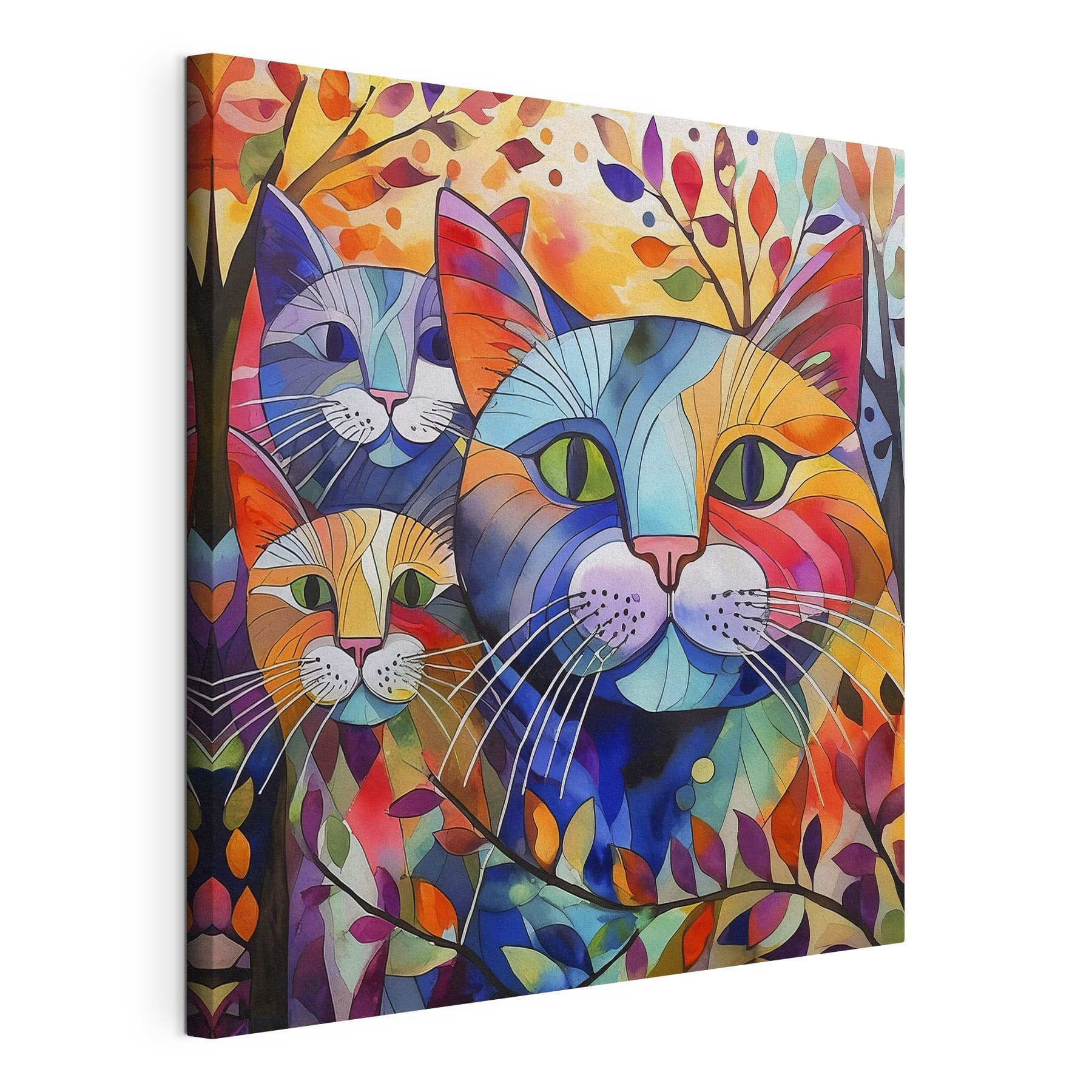 A group of cats with colorful leaves