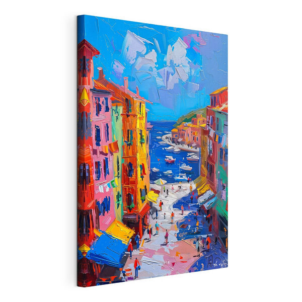 Schilderij van een stad met boten en mensen Canvas Schilderijen Schilderij van een stad met boten en mensen