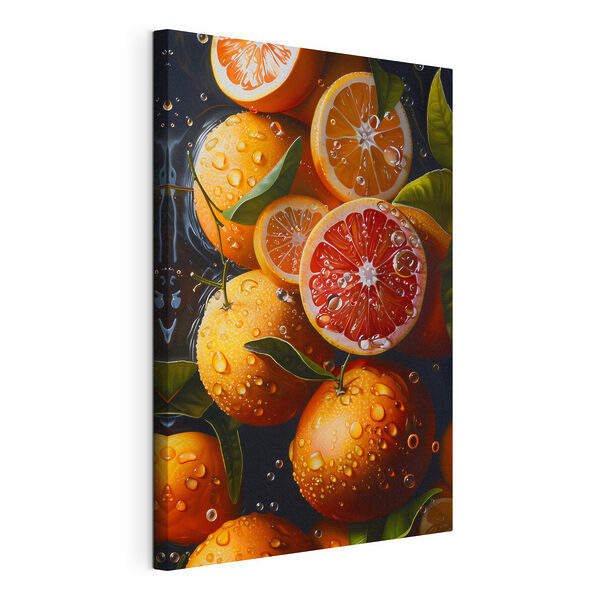 Canvas Schilderijen Groep sinaasappels met waterdruppels erop
