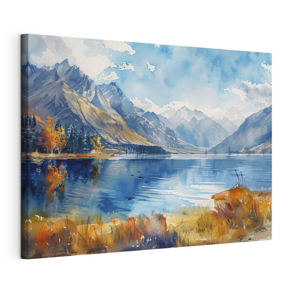 Canvas Schilderijen Aquarel schilderij van een meer omgeven door bergen en wolken