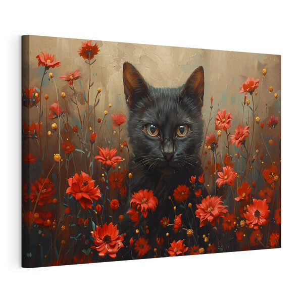 Zwarte kat in een veld met rode bloemen Canvas Schilderijen Zwarte kat in een veld met rode bloemen