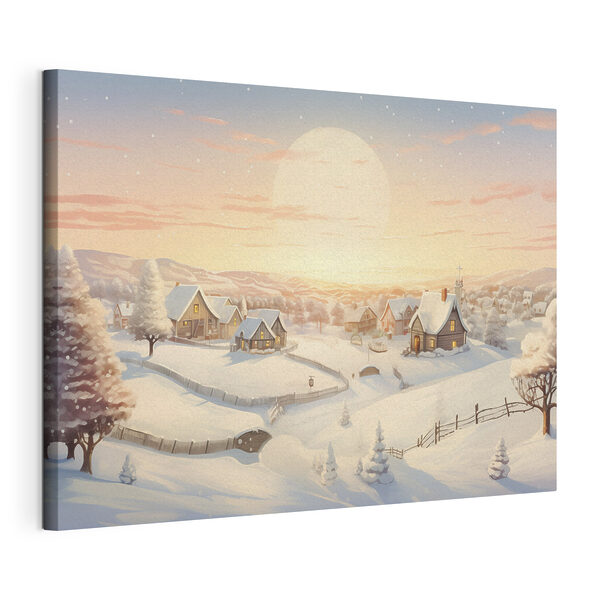 Canvas Schilderijen Besneeuwd dorp met bomen en een hek