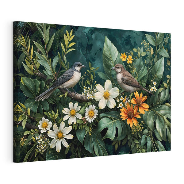 Vogels op een tak met bloemen Canvas Schilderijen Vogels op een tak met bloemen
