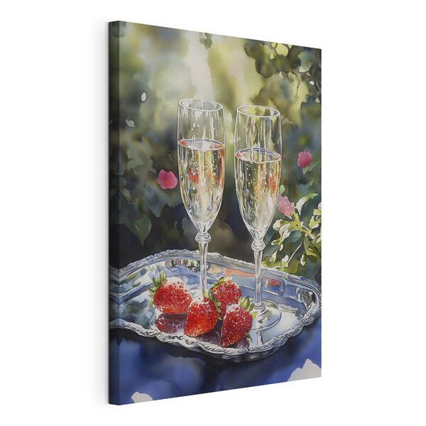 Canvas Schilderijen Twee glazen champagne en aardbeien op een dienblad