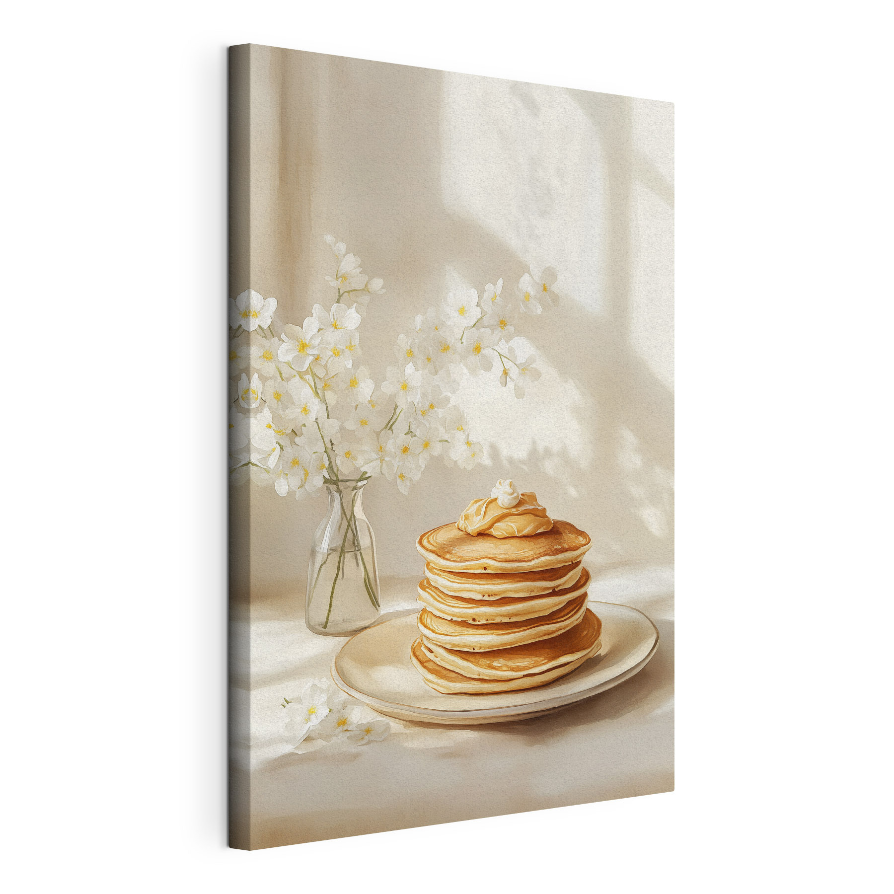 Stack of pancakes on a plate next to a vase of flowers