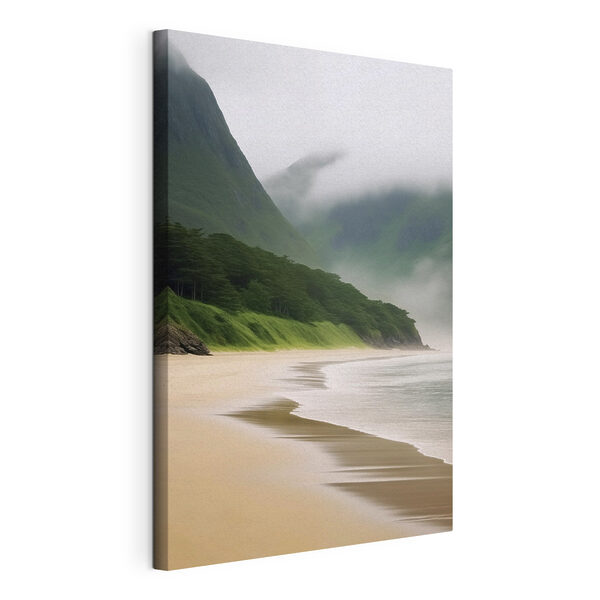 Strand met bomen en bergen Canvas Schilderijen Strand met bomen en bergen