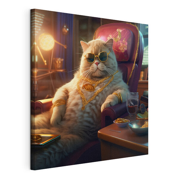 Canvas Schilderijen Kat met zonnebril en ketting, zittend in een stoel