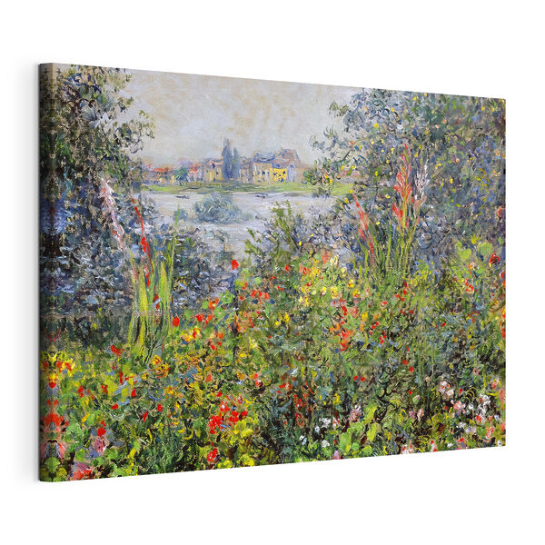 Een schilderij van een tuin met bloemen en bomen Canvas Schilderijen Een schilderij van een tuin met bloemen en bomen