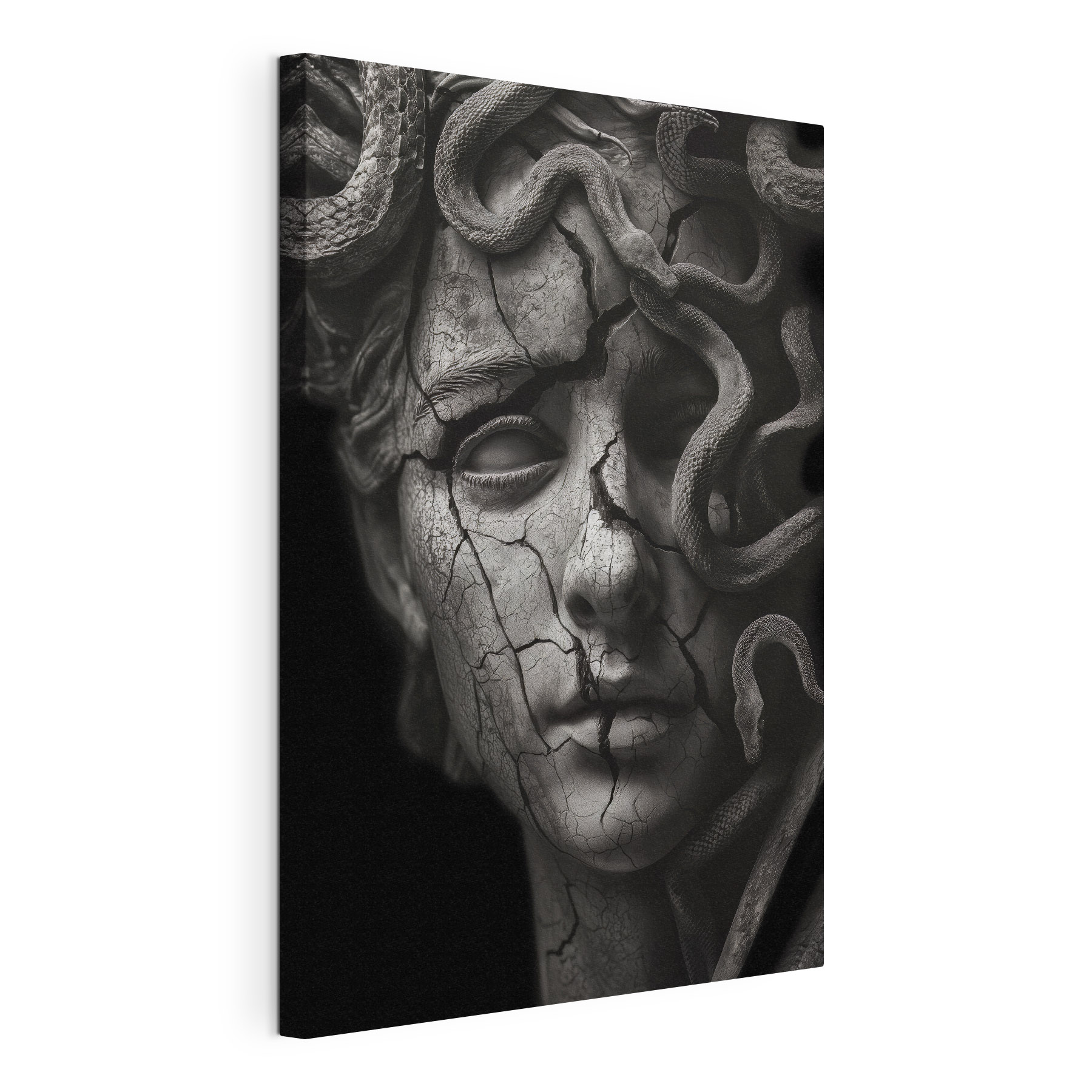 A statue of a woman with a cracked face and snakes around her face