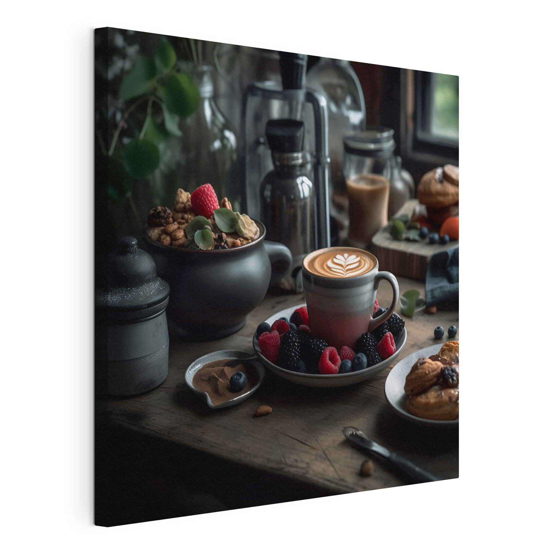 Cup of coffee with a latte art on a plate with fruit and cereals Cup of coffee with a latte art on a plate with fruit and cereals