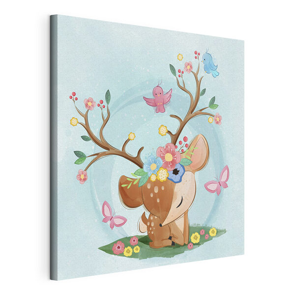 Canvas Schilderijen Een cartoon hert met bloemen en vogels