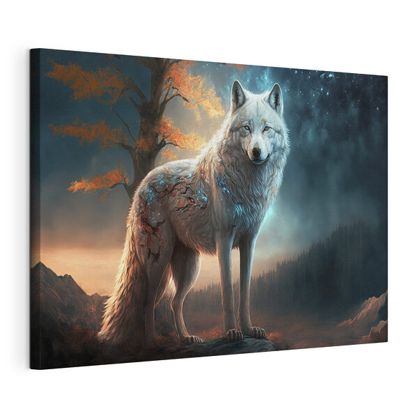 Canvas Schilderijen Een witte wolf op een rots