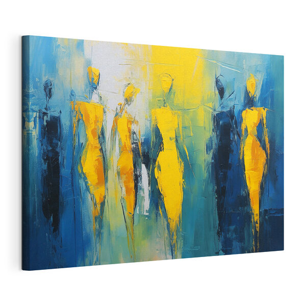 Schilderij van mensen in geel en blauw Canvas Schilderijen Schilderij van mensen in geel en blauw