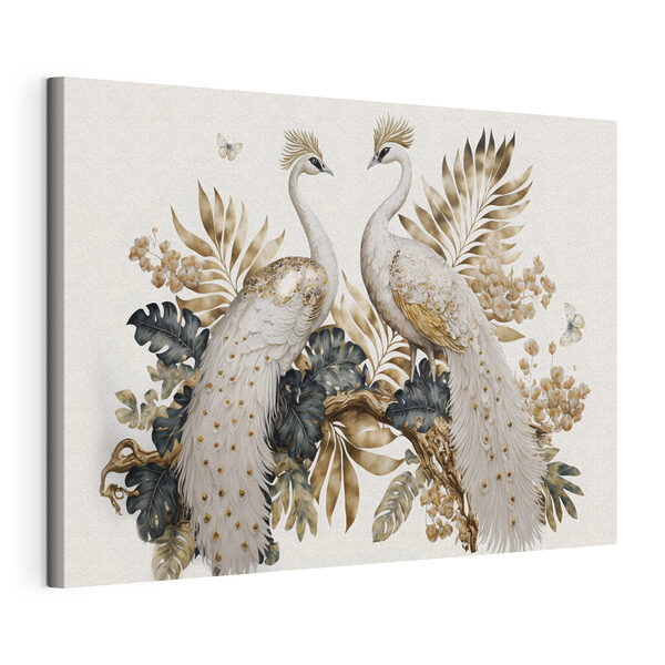 Elegante pauwen te midden van serene bloemenpracht Canvas Schilderijen Elegante pauwen te midden van serene bloemenpracht