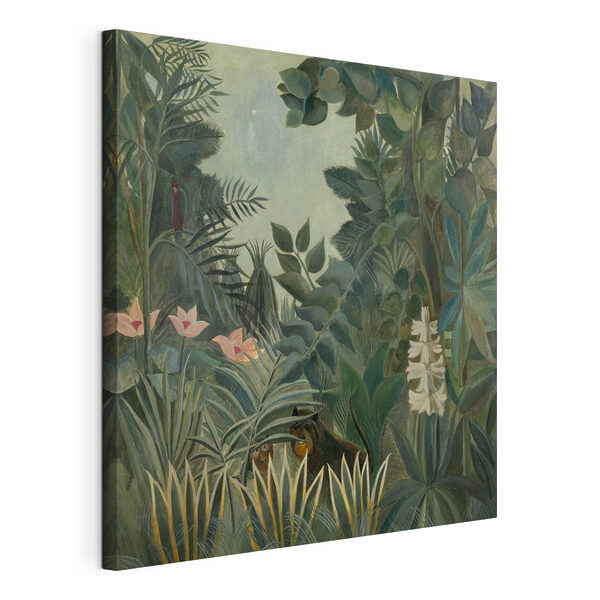 Een schilderij van een jungle met planten en bloemen Canvas Schilderijen Een schilderij van een jungle met planten en bloemen