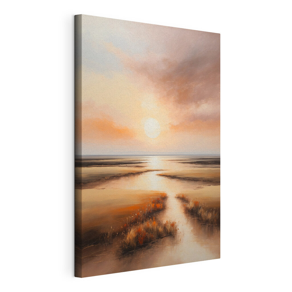 A painting of a sunset over a marsh A painting of a sunset over a marsh