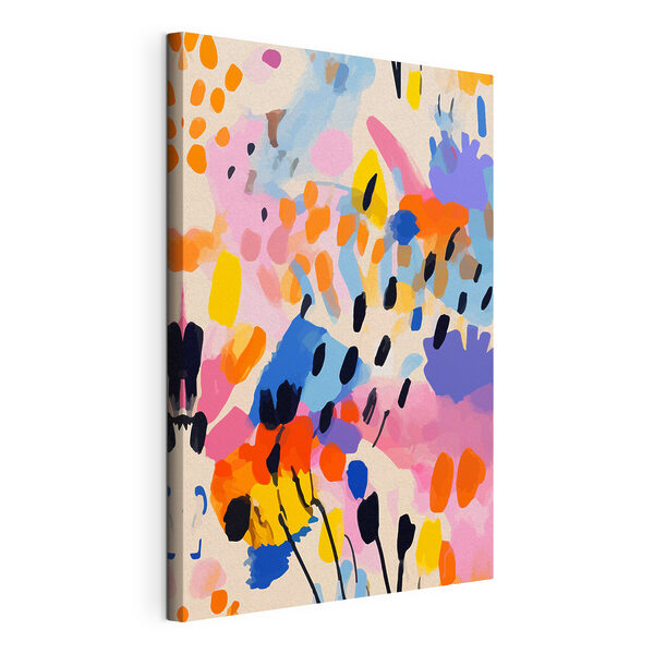 Canvas Schilderijen Een kleurrijk schilderij van zwarte stippen en vlekken