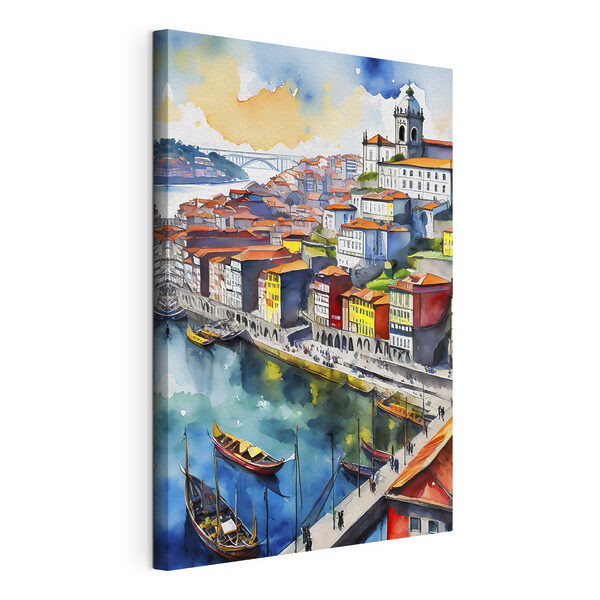 Canvas Schilderijen Aquarel van een stad met boten en een brug