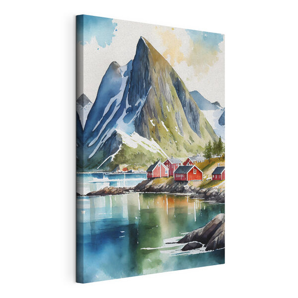 Aquarel schilderij van een dorp bij een meer en bergen Canvas Schilderijen Aquarel schilderij van een dorp bij een meer en bergen