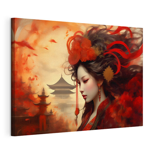 Canvas Schilderijen Een vrouw met lang haar en rode bloemen in haar haar