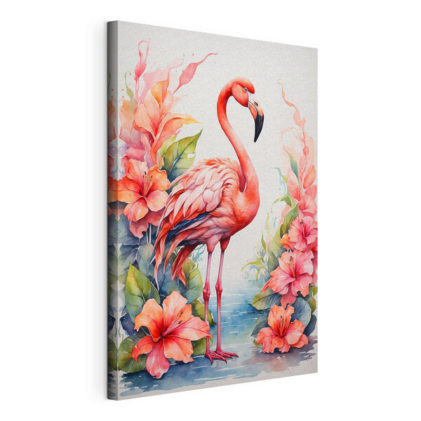 Een flamingo en bloemen Canvas Schilderijen Een flamingo en bloemen