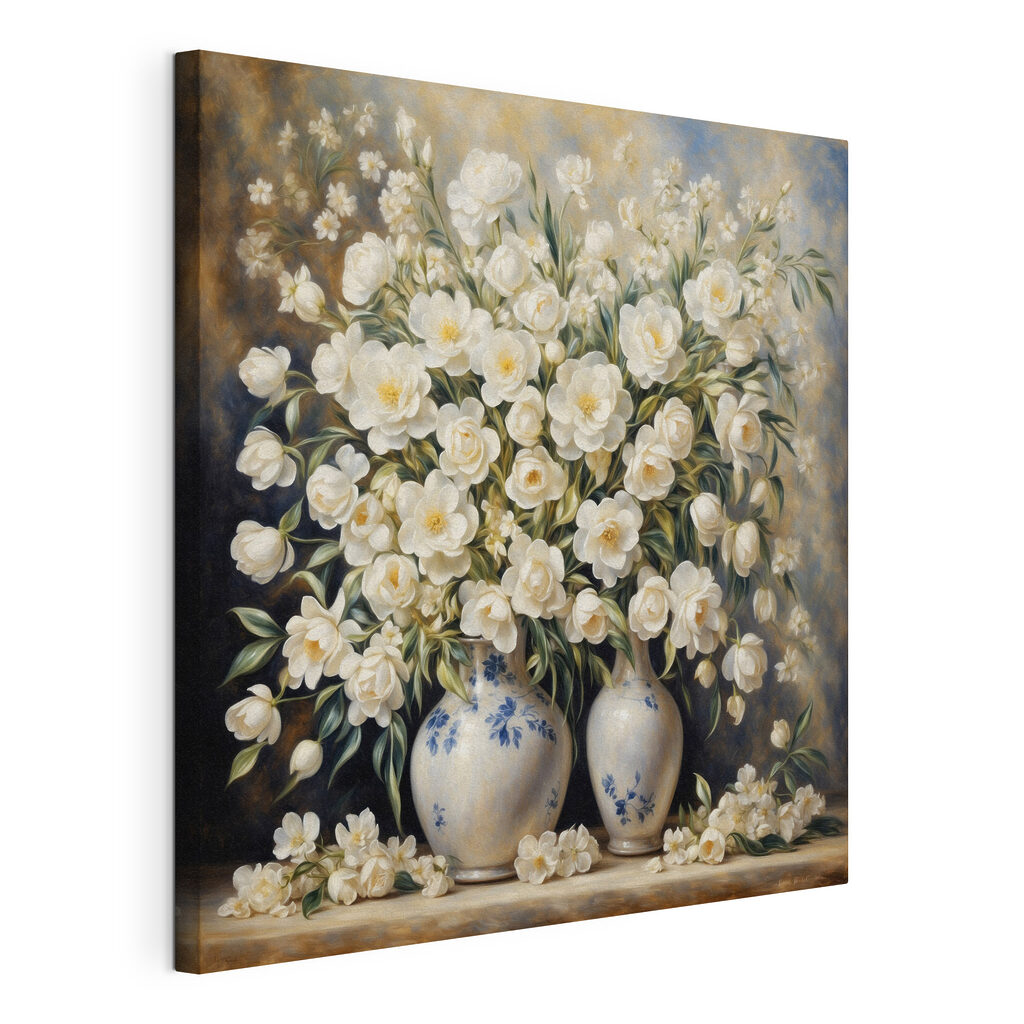 A painting of white flowers in vases