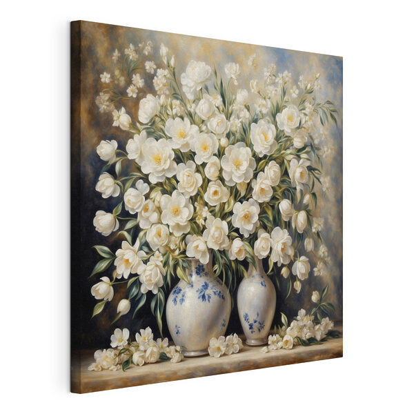 A painting of white flowers in vases