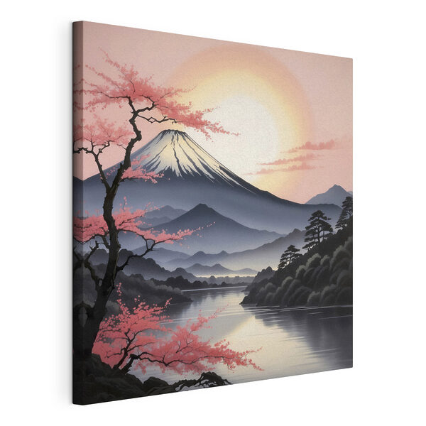 Canvas Schilderijen Een berg met een meer en bomen