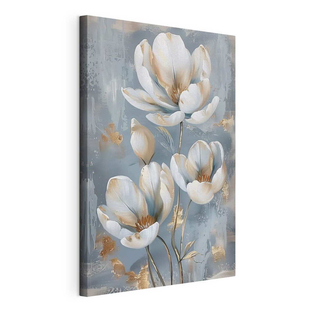 A painting of flowers on a blue background