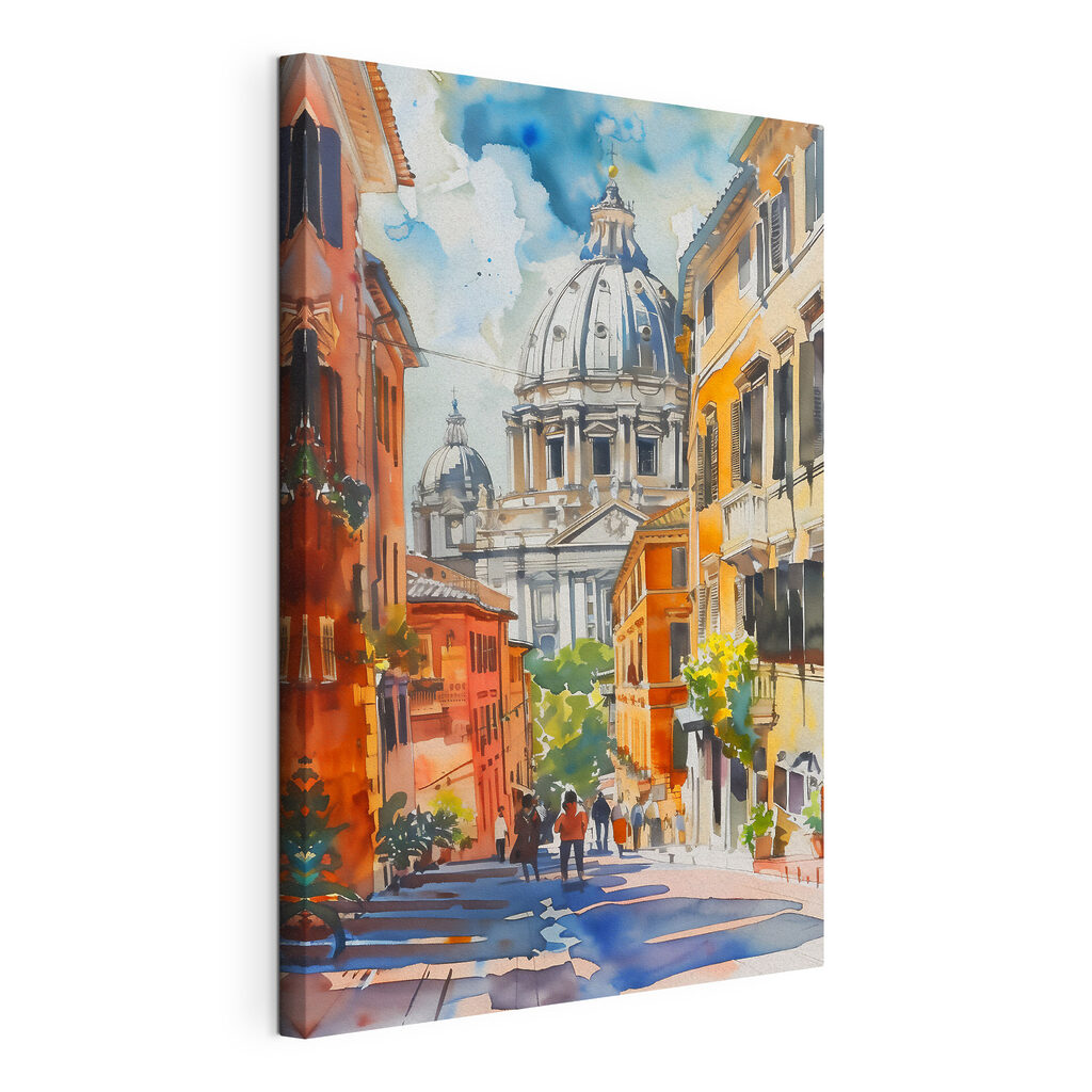 A watercolor painting of a street with buildings and a dome