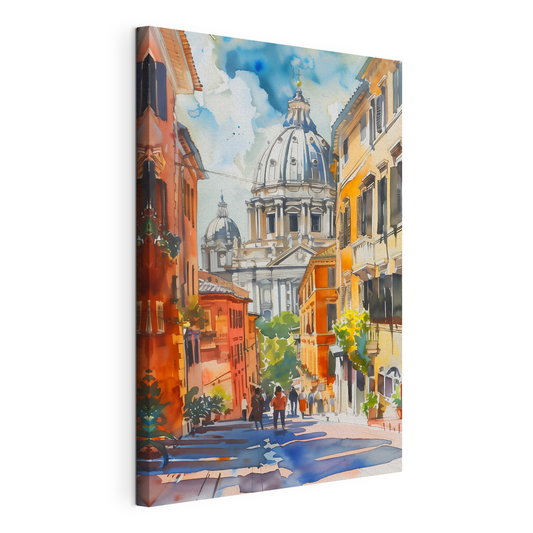 A watercolor painting of a street with buildings and a dome