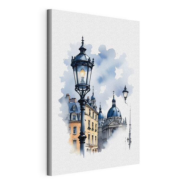 Canvas Schilderijen Een straatlantaarn met blauwe koepels en gebouwen op de achtergrond