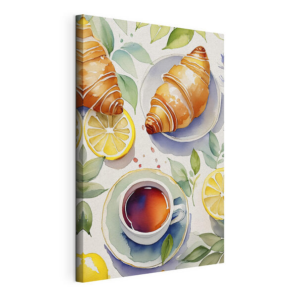 Aquarel van een croissant en een kopje thee Canvas Schilderijen Aquarel van een croissant en een kopje thee