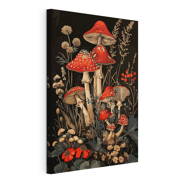 Canvas Schilderijen Een schilderij van paddenstoelen en planten