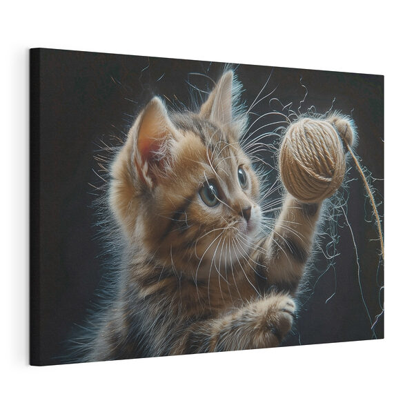 Een kat speelt met een bal garen Canvas Schilderijen Een kat speelt met een bal garen