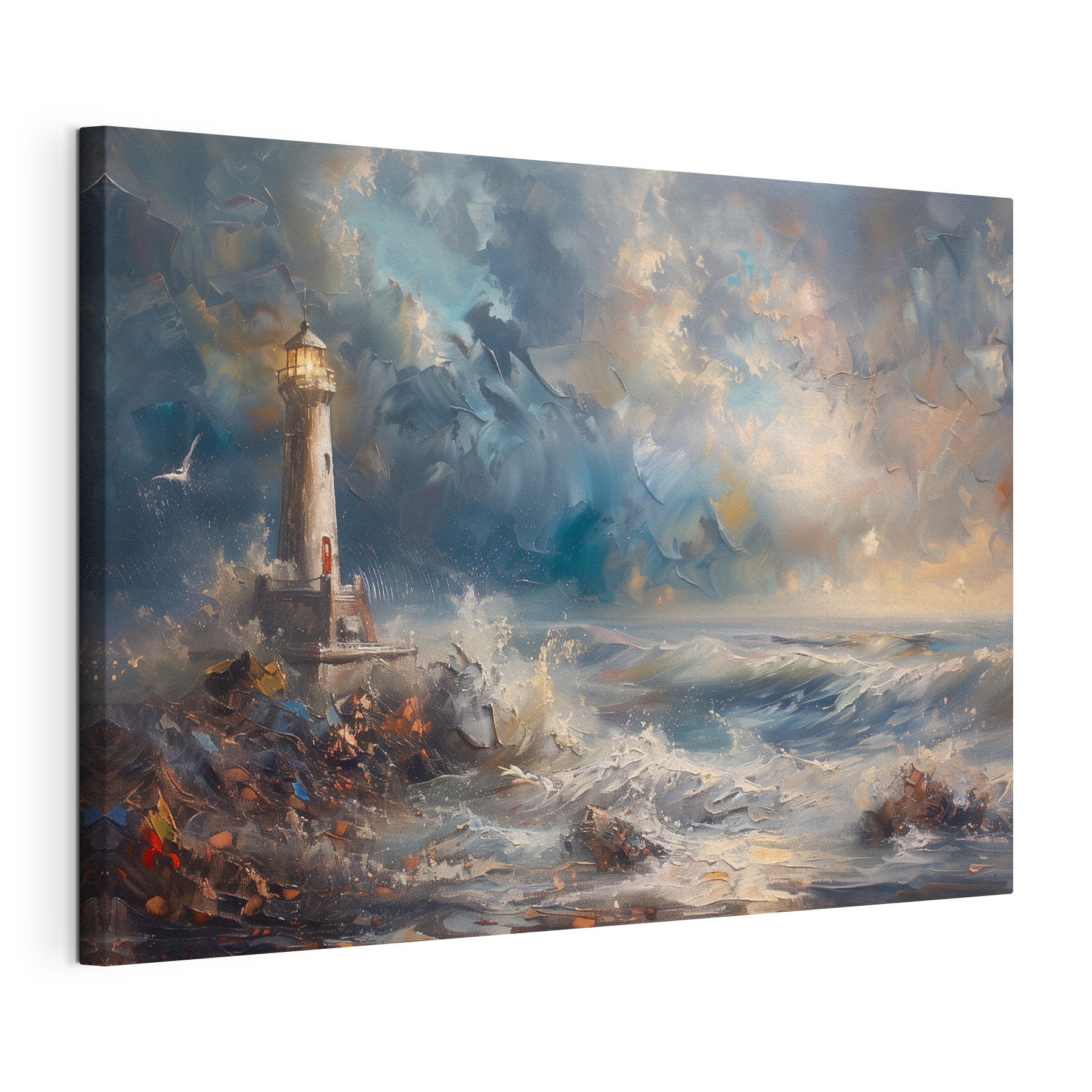 A painting of a lighthouse in the ocean