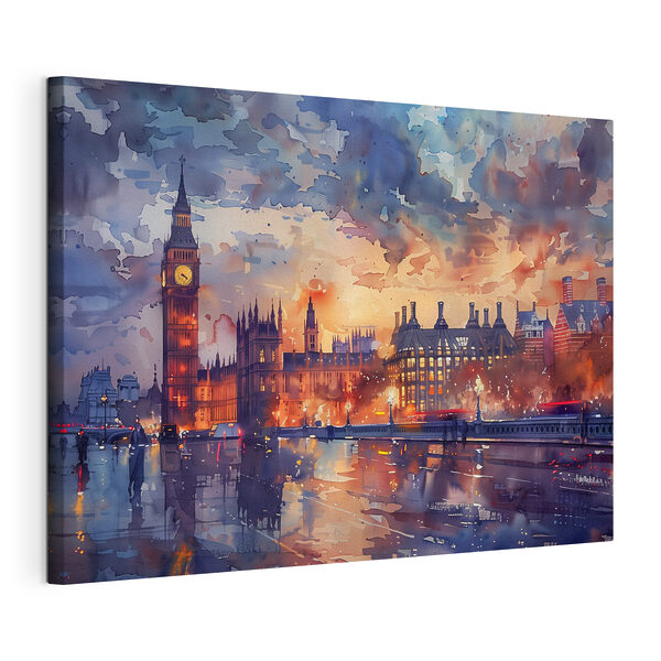 Canvas Schilderijen Een aquarelschilderij van een stad met een klokkentoren en een rivier