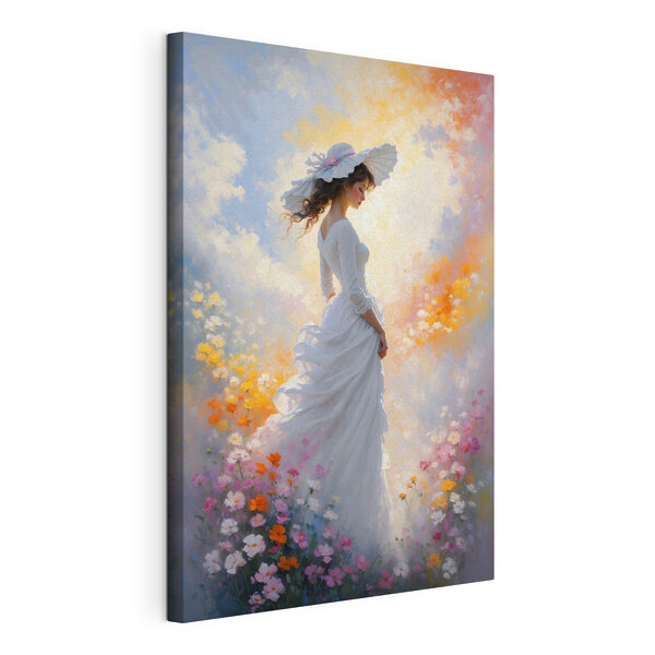 Een vrouw in een witte jurk en hoed Canvas Schilderijen Een vrouw in een witte jurk en hoed