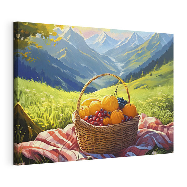 Canvas Schilderijen Een mand met fruit op een deken in een grasveld