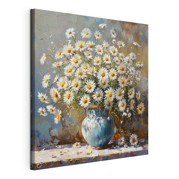 Een schilderij van een vaas met madeliefjes Canvas Schilderijen Een schilderij van een vaas met madeliefjes