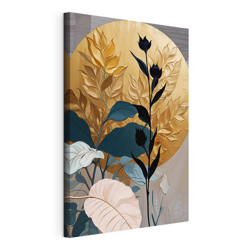 A painting of a plant with leaves and flowers A painting of a plant with leaves and flowers