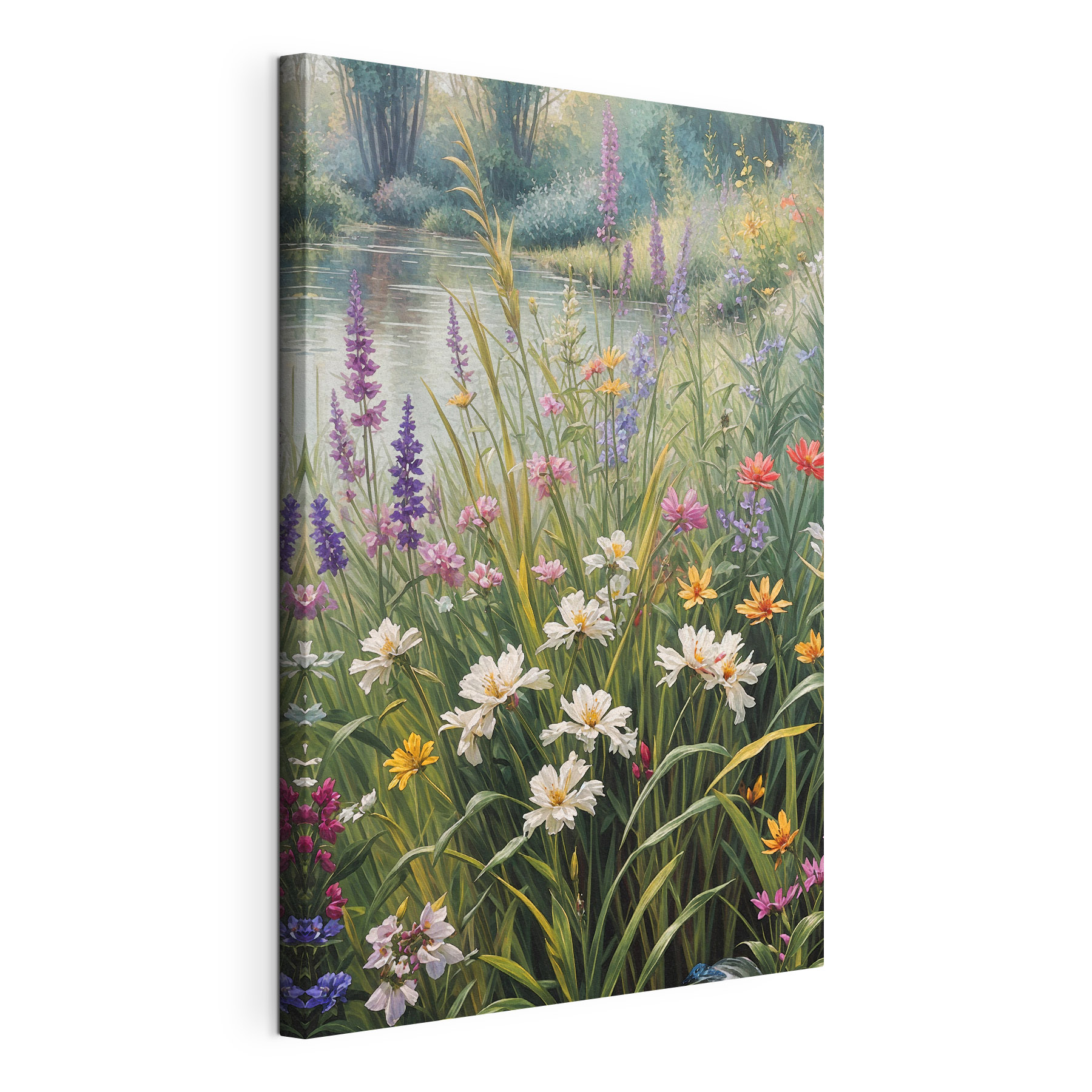 A painting of flowers by a river