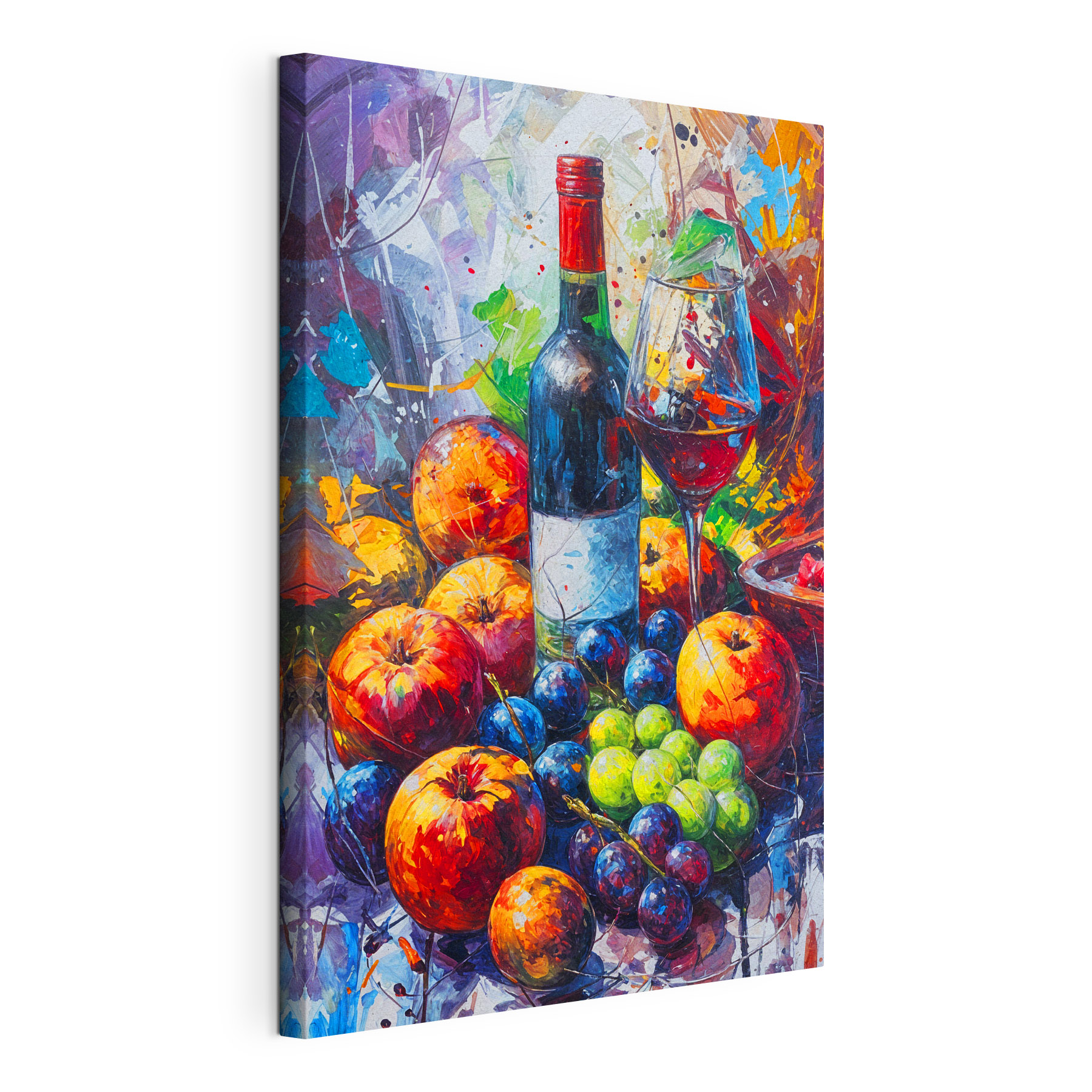 A painting of a wine bottle and fruit A painting of a wine bottle and fruit