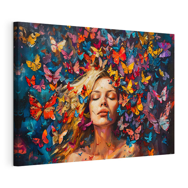 Een vrouw omringd door vlinders Canvas Schilderijen Een vrouw omringd door vlinders
